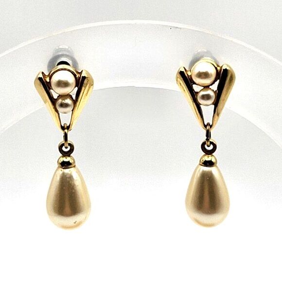 Vintage Napier Goldtone with Glass Faux Pearls Teardrop Dangle Stud Earrings - Picture 2 of 4